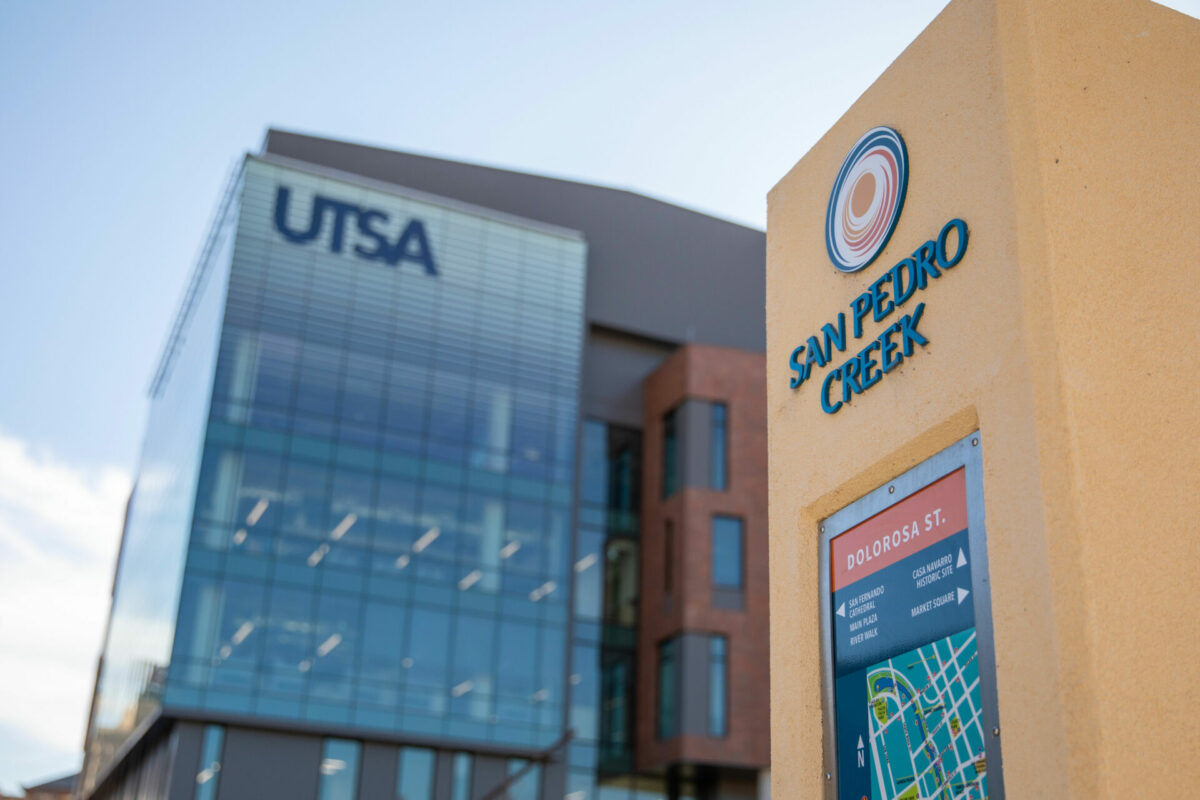 A sign of San Pedro Creek is shown standing beside the San Pedro I building