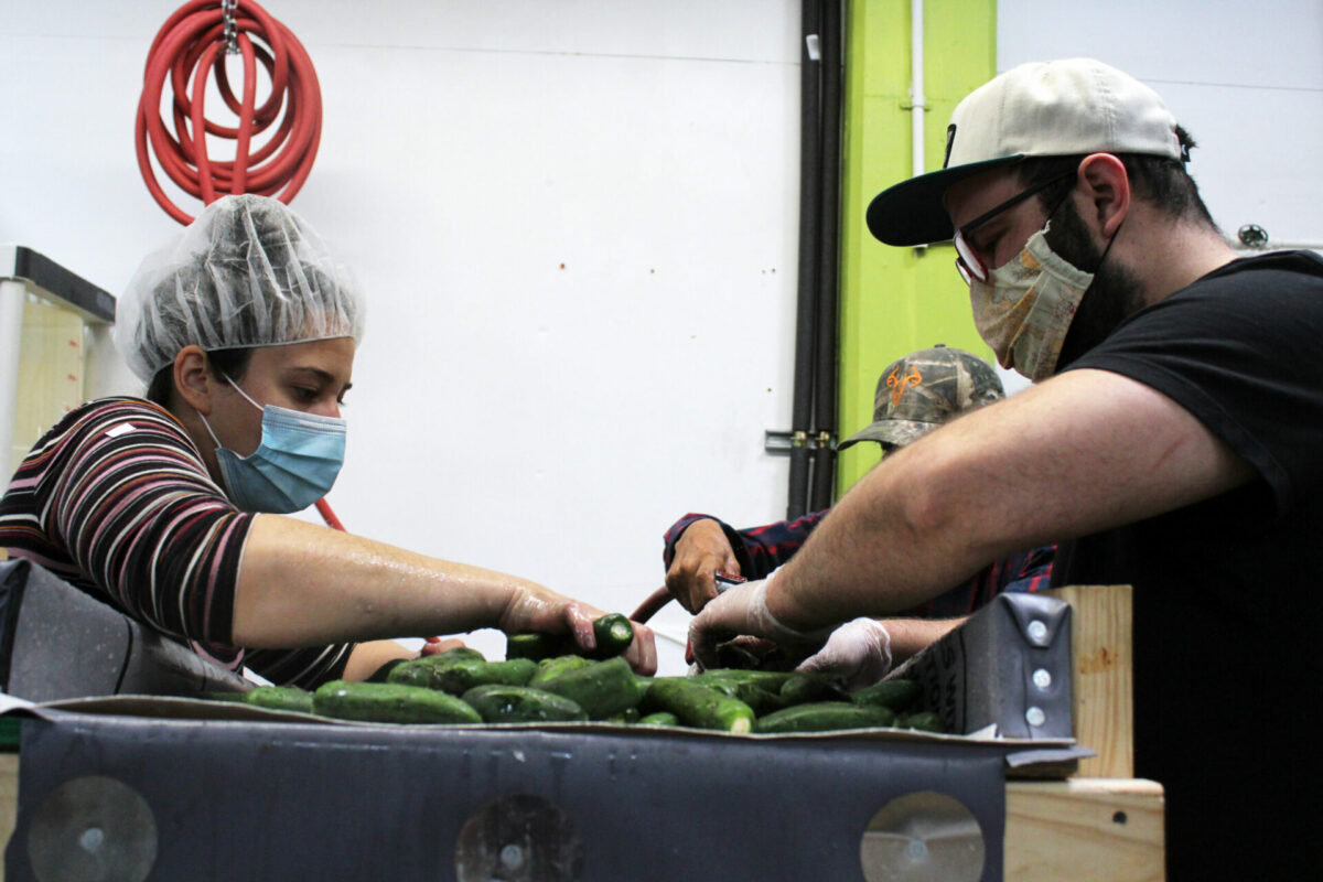 Oscar Perez and his employees prep peppers for the salsa-making process.