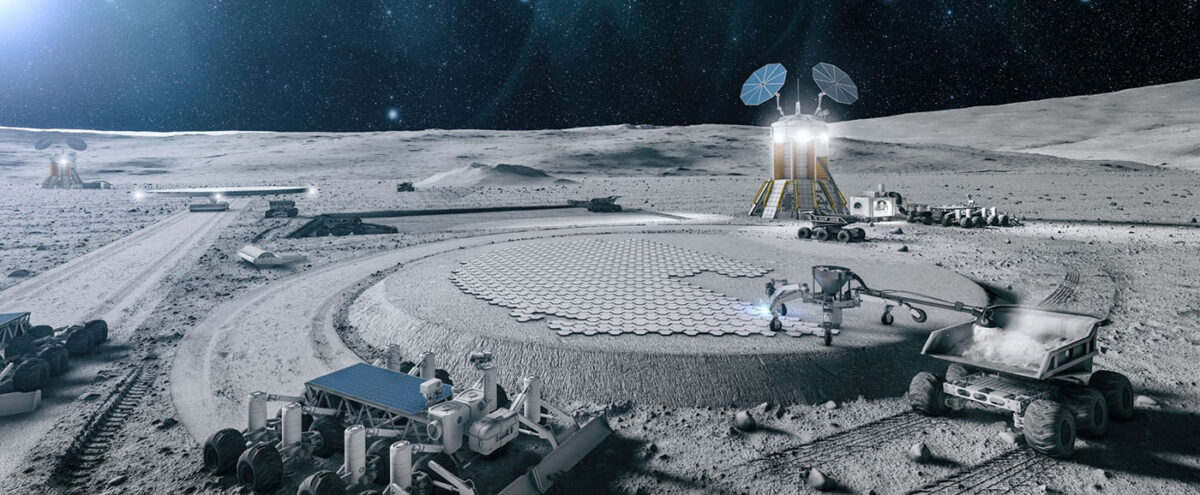 A rendering of machines on a lunar base placing regolith bricks to form a large rocket launch pad.