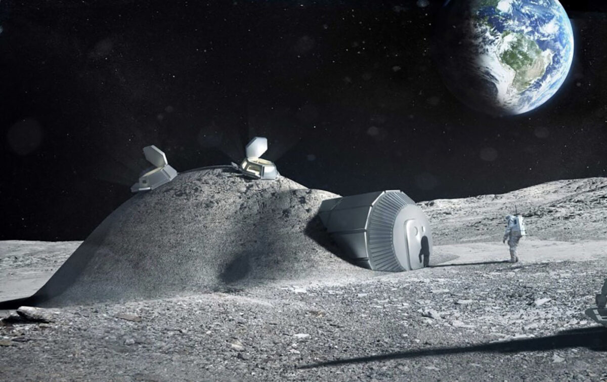 A rendering depicts an astronaut walking toward a lunar habitat that looks like an igloo.