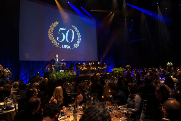 Taylor Eighmy addresses the large crowd at UTSA's 50th Anniversary Gala.