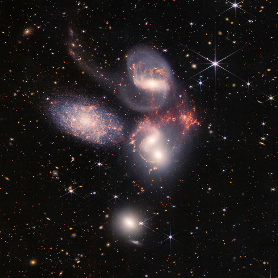 Stephan’s Quintet, a visual grouping of five galaxies in close proximity. Photo courtesy of NASA, ESA, CSA and STScI