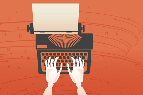 Robot hands typing on a typewriter