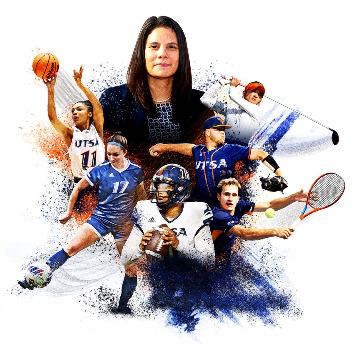 An illustration featuring Lisa Campos and six UTSA student-athletes