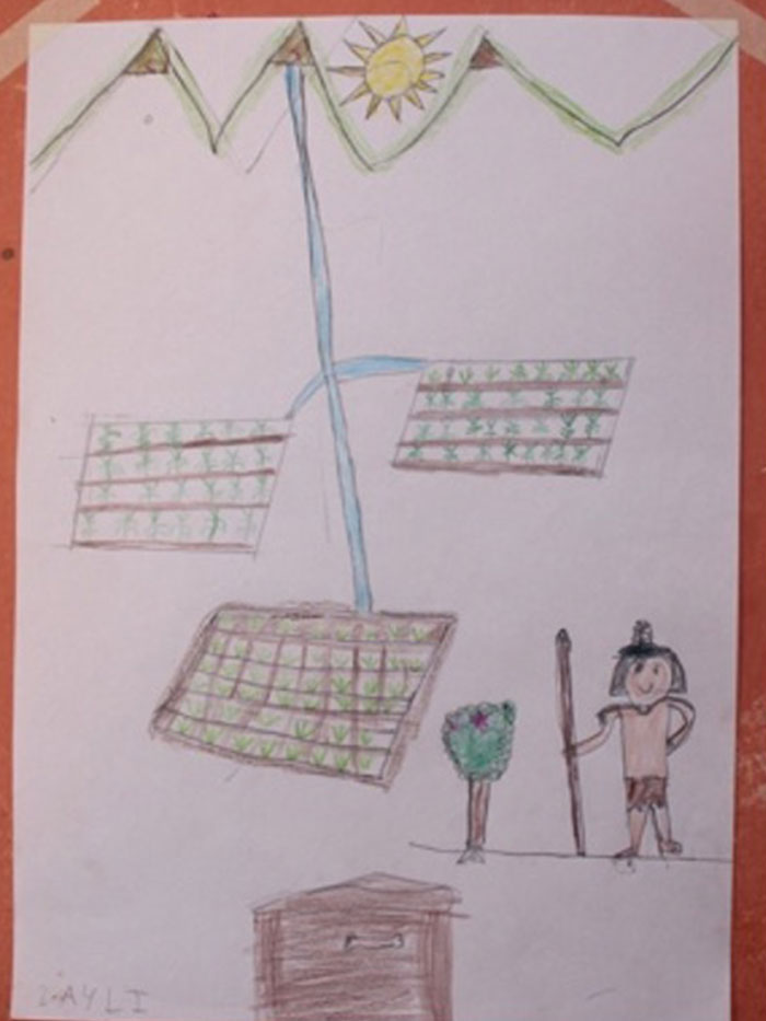 picture drawn by a young child that depicts mountains and aquiducts irrigating gardens