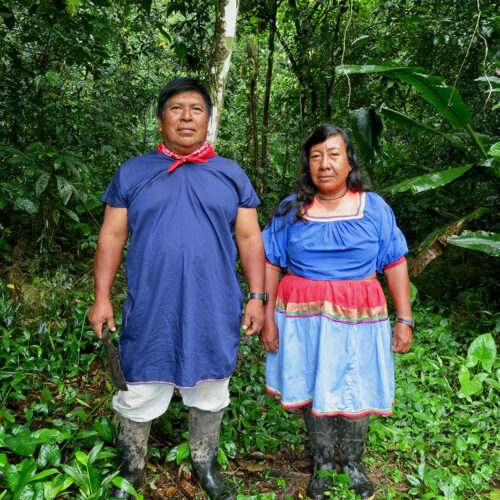 Cofán couple among wet greenery in jungle