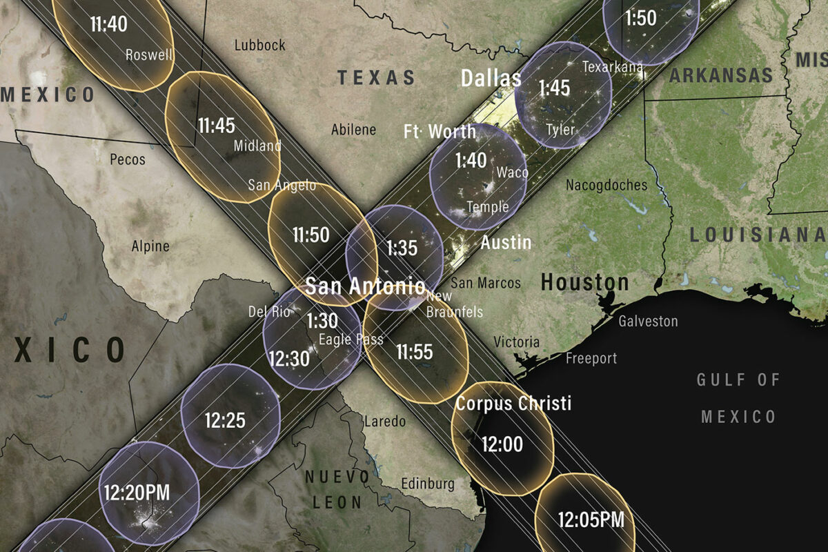 Map of Texas with times indicated for annual and total eclipse
