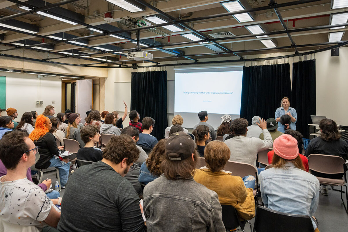 Anna Stypko takes questions from a classroom of film students