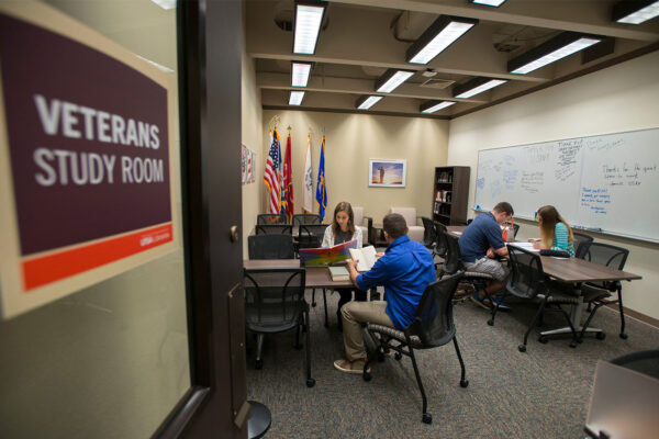 Four students study in UTSA's Veterans Study Room