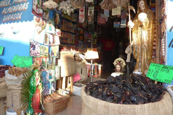 market stall with various Mexican religious icons