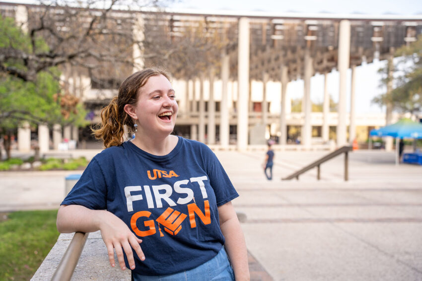 A first-gen student laughs at the Sombrilla