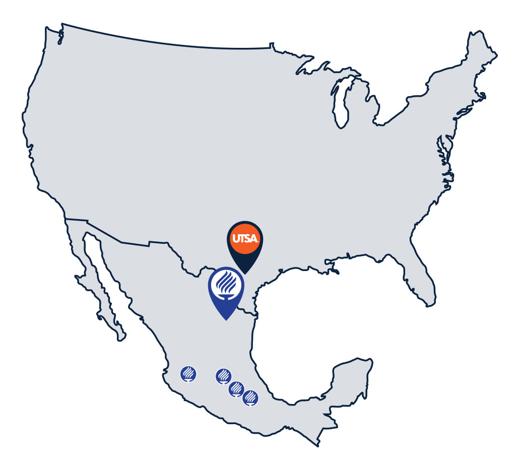 A map of the U.S. and Mexico showing the proximity between UTSA and Tec de Monterrey