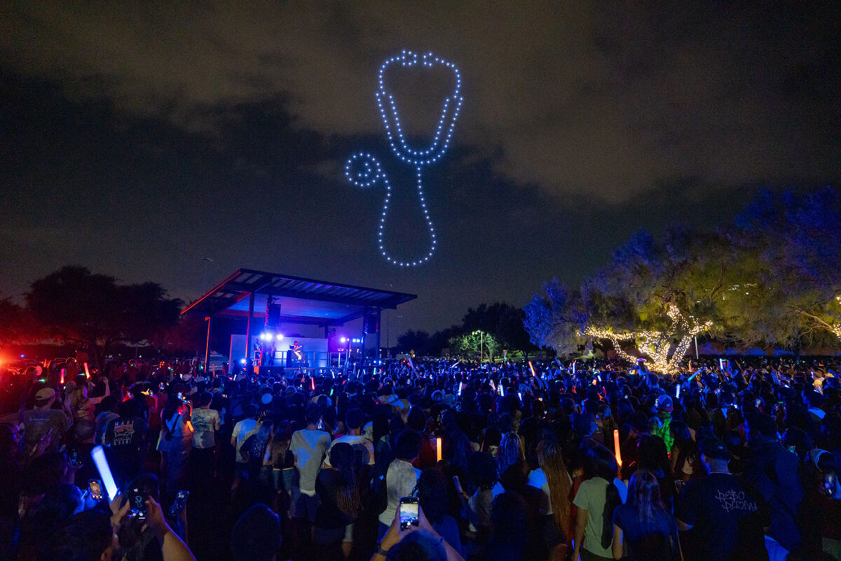 A stethescope is depicted using lights in the sky.
