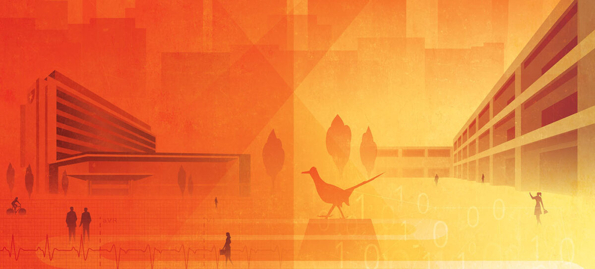 Artwork in orange and yellow hues depicting the UTSA and UT Health San Antonio campuses