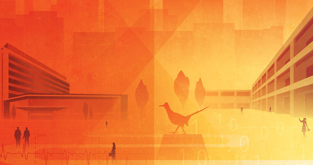 Artwork in orange and yellow hues depicting the UTSA and UT Health San Antonio campuses