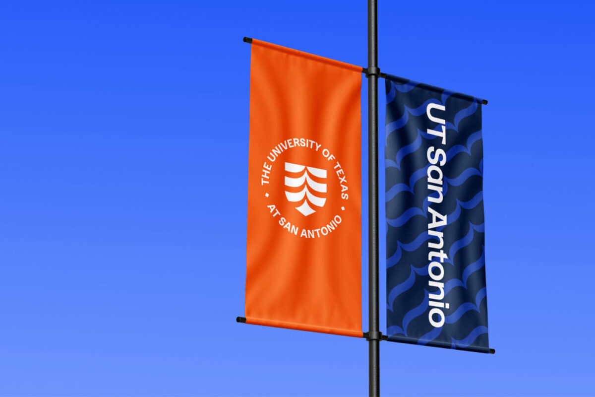 A campus banner with the UT San Antonio shield on the left and the UT San Antonio wordmark on the right