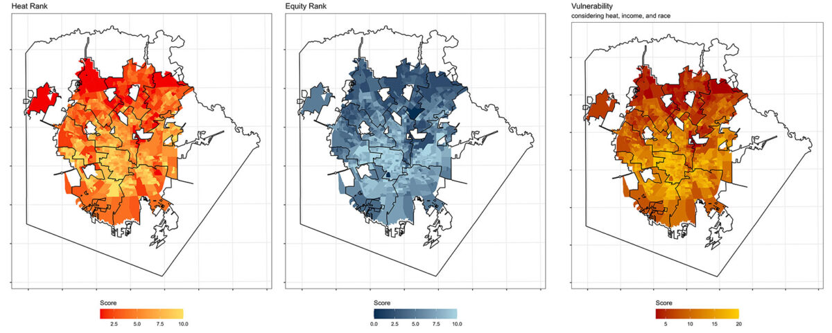 Three maps of San Antonio, which represent the areas that are most hot and most vulnerable to heat.
