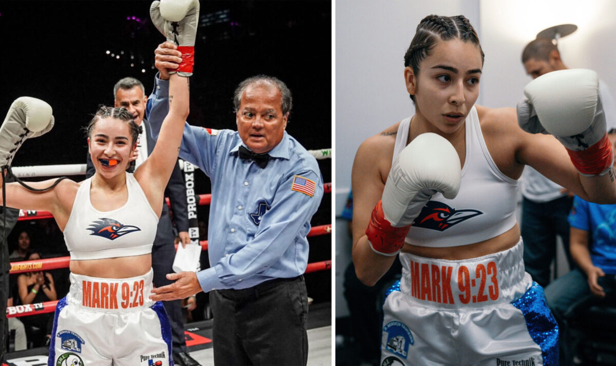 Left: a woman with braided hair holds up her boxing gloves in victory as she has just won a match. right: a woman in braids has her boxing gloves in a ready position.