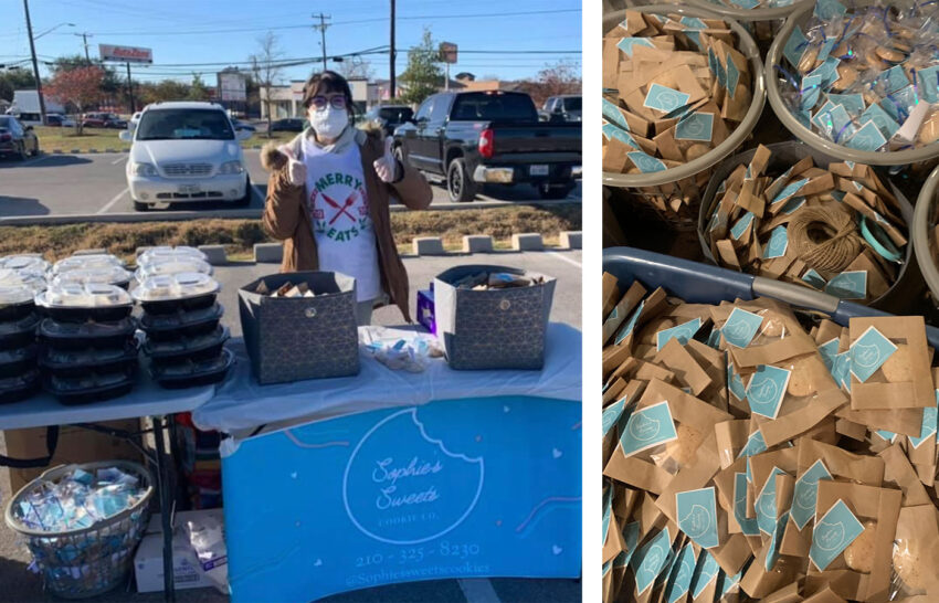 Left: A woman stands behind a table, which has different cookie products. She gives a thumbs up. Right: Baskets filled with different cookies.