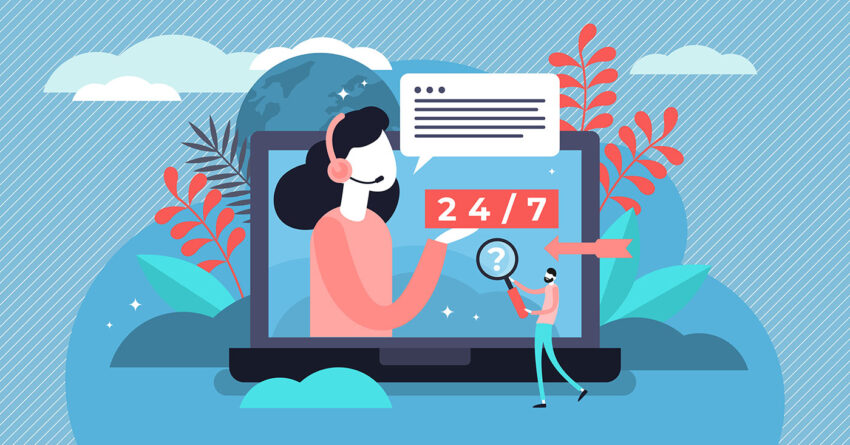 A digitally illustrated image of a woman with a headset and making a speech bubble. The graphic also includes other imagery such as a "24/7," magnifying glass and arrows.