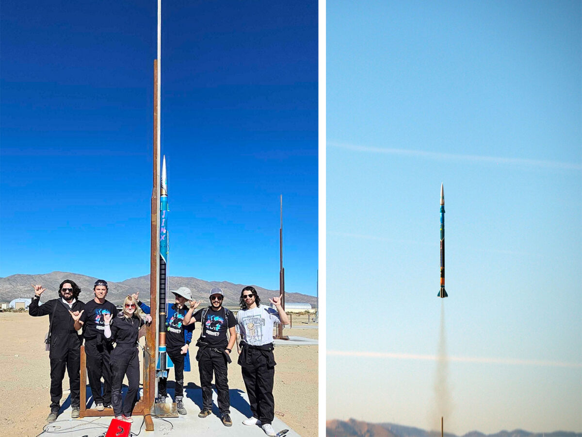 Left: A group of people stand beside a rocket. Right: The rocket is mid-air.