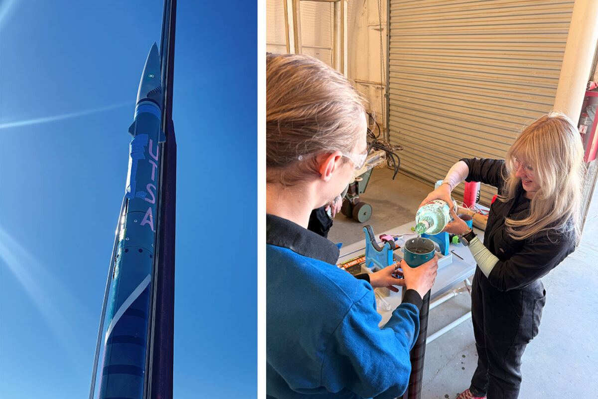 Left: A closeup of a rocket. Right: A man and a woman work on a piece of the rocket.