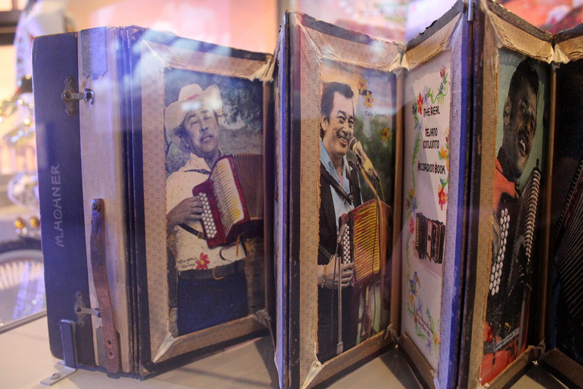 An accordion with the images of Tejano musicians on display at the Institute of Texan Cultures.