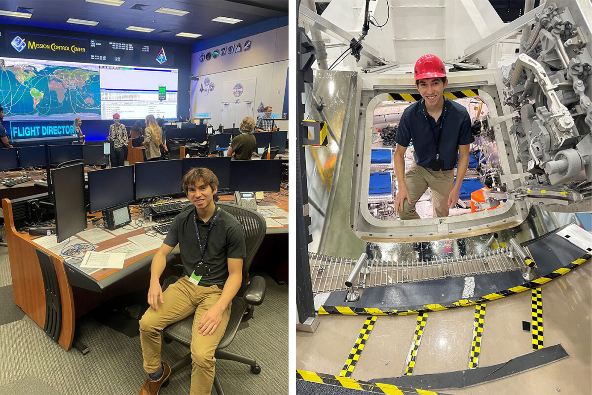 On the left, a man sits at a desk in a bustling mission control room with multiple monitors displayed. On the right, he smiles in a hard hat, kneeling in a spacecraft hatch.