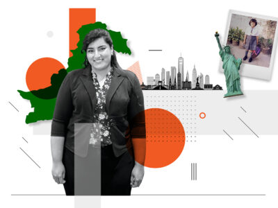 An illustration of Hafsa Ali standing next to a childhood photo and the Statue of Liberty.