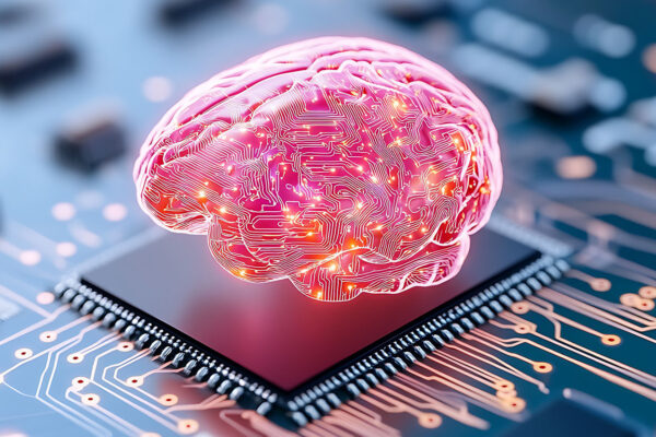 An illustration of a brain powering a computer chip
