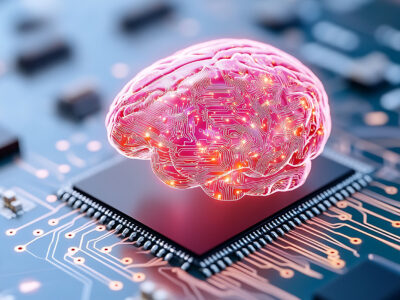 An illustration of a brain powering a computer chip