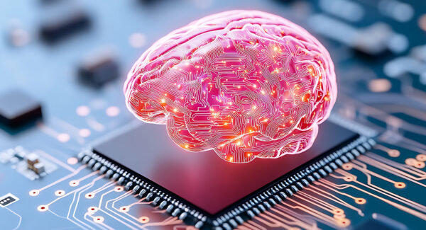 An illustration of a brain powering a computer chip