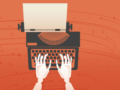 Robot hands typing on a typewriter