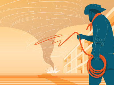 A cowboy throwing a lasso around a whirlwind of artificial intelligence