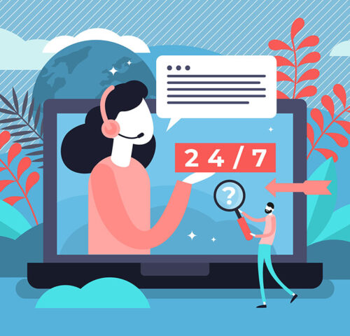 A digitally illustrated image of a woman with a headset and making a speech bubble. The graphic also includes other imagery such as a "24/7," magnifying glass and arrows.