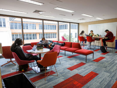 People study on their computers with picture window frames behind them.