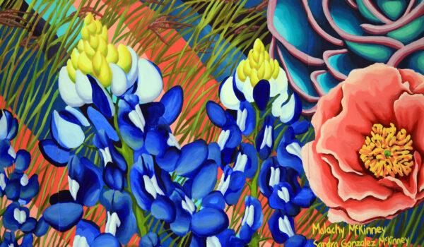 An image of painted bluebonnets and other native plants on display in a mural at the Institute of Texan Cultures.