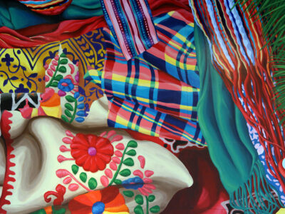 Colorful textiles and native plants, which are part of the Texas Tapestries mural at the Institute of Texan Cultures.