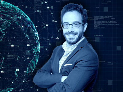A cybersecurity illustration with a photo of Elias Bou-Harb in the foreground.