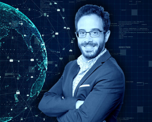 A cybersecurity illustration with a photo of Elias Bou-Harb in the foreground.