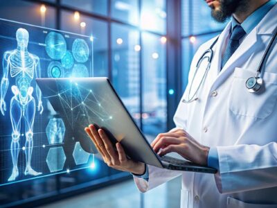 Doctor holds laptop with x-rays in background.