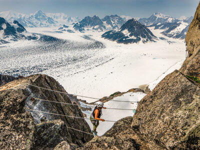 Meena Thiruvengadam walks a slackline between two mountains