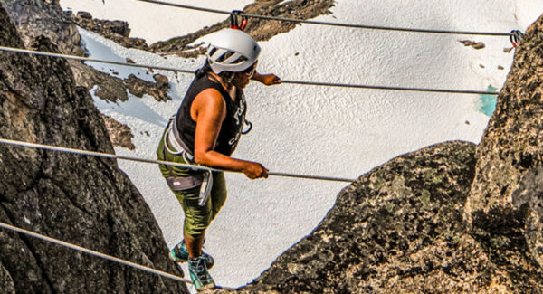 Meena Thiruvengadam walks a slackline between two mountains