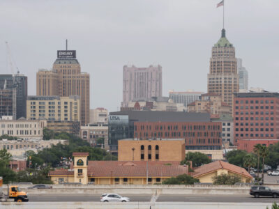 A newly constructed San Pedro I among other buildings in Downtown San Antonio