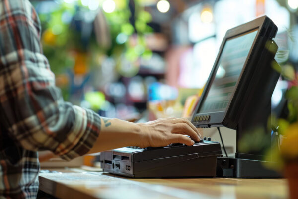 A cashier enters numbers into a cash register