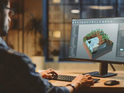 A young man lays out a lush outdoor scene for a video game on his computer.