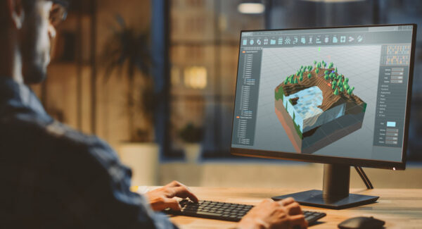 A young man lays out a lush outdoor scene for a video game on his computer.